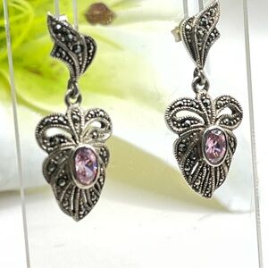 FAS 925 Sterling, Amethyst/Marcasite Dangle Pierced Earrings